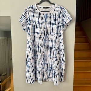 NWT Bellina Blue and White Lagenlook Shibori Midi Dress with Pockets Plus Size